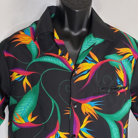 Vintage Hilo Hattie Men's Shirt L Black Bird of Paradise Floral Button Front - Picture 2 of 10